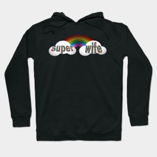 Valentine Gift for Wife: SUPER WIFE, Retro Rainbow & Cloud Design Hoodie